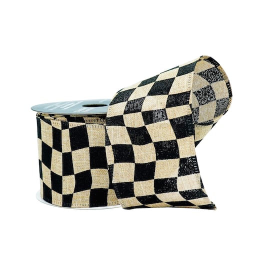 Michaels, 2.5" x 6.6yd. Wavy Black Check Wired Faux Linen Ribbon by Celebrate It® – Category: Halloween Ribbon